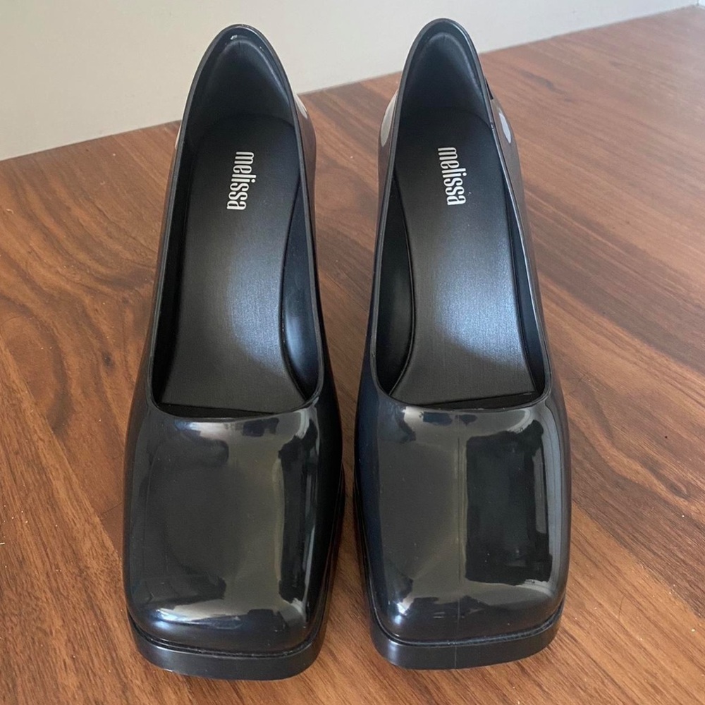 Melissa Glossy Black Square-Toe thick Heels shoes read below! Gothic Y2K